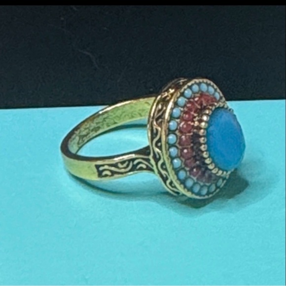 Jewelry - Boho Turquoise Look Statement Ring Gold Tone Beaded Halo Size 9